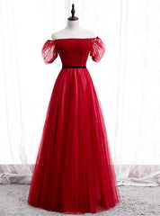 A-Line Burgundy Tulle Puff Sleeve Off the Shoulder Prom Dresses