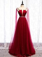 A-Line Burgundy Tulle Saghetti Straps Beading Prom Dress