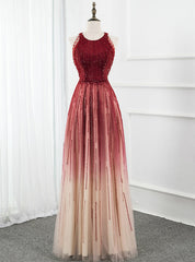 A-Line Burgundy Tulle Scoop Sleeveless Beading Sequins Prom Dresses