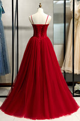 A-Line Burgundy Tulle Spaghetti Straps Pleats Prom Dress