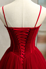 A-Line Burgundy Tulle Spaghetti Straps Pleats Prom Dress