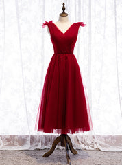 A-line Burgundy Tulle V-neck Pleats Beading Tea Length Prom Dresses