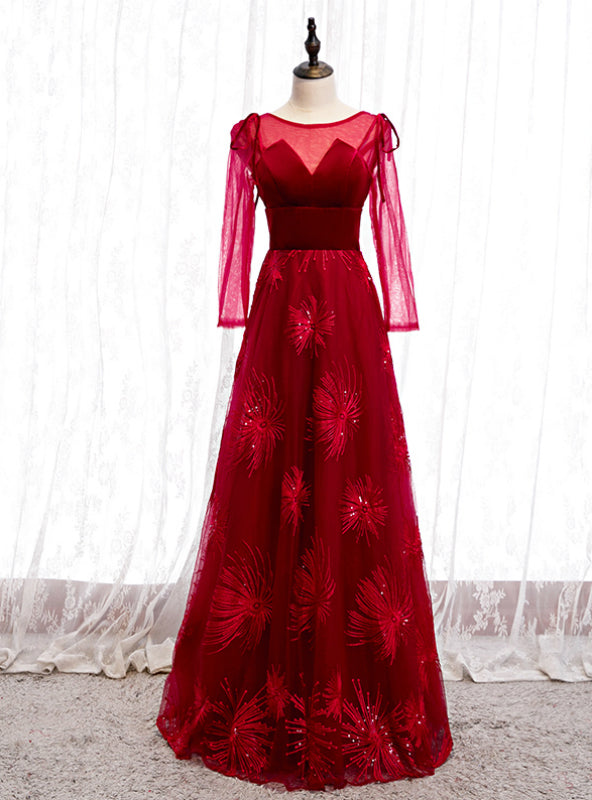 A-Line Burgundy Tulle Velvet Long Sleeve Prom Dress