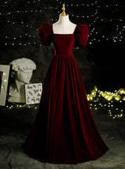 A-Line Burgundy Velvet Puff Sleeve Prom Dresses