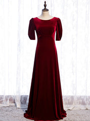 A-Line Burgundy Velvet Short Sleeve Pleats Prom Dresses