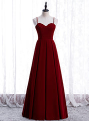 A-Line Burgundy Velvet Spagehtti Straps Pleats Prom Dresses