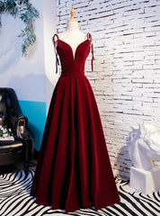 A-Line Burgundy Velvet Spaghetti Straps Prom Dresses