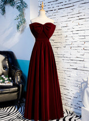 A-Line Burgundy Velvet Strapless Long Prom Dresses With Bow