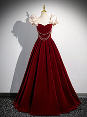 A-Line Burgundy Velvet Straps Pearls Prom Dresses