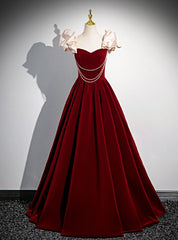 A-Line Burgundy Velvet Straps Pearls Prom Dress