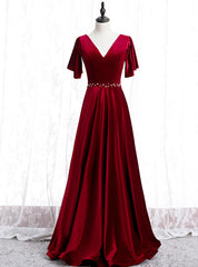 A-Line Burgundy Velvet V-neck Beading Sequins Prom Dresses