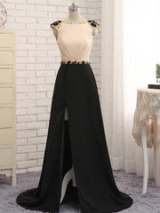 A-Line Champagne Black Cap Sleeve Backless Long Prom Dresses