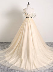 A-line Champagne One Shoulder Prom Dresses, Long Party Dresses