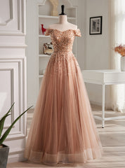 A-Line Champagne Tulle Beading Sequins Prom Dresses