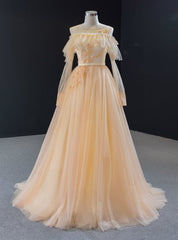 A-Line Champagne Tulle Long Sleeve Backless Prom Dresses