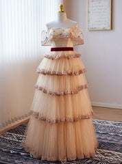 A-Line Champagne Tulle Sequins Beading Off the Shoulder Prom Dresses