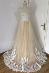 A-line Champagne with White Lace Round Neckline Party Dresses, Beautiufl Wedding Party Dresses