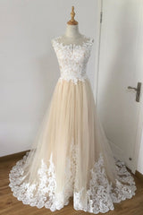 A-line Champagne with White Lace Round Neckline Party Dresses, Beautiufl Wedding Party Dresses