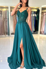 A-Line Chiffon Beaded Long Prom Dresses, Dark Green Spaghetti Strap Evening Dresses