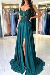 A-Line Chiffon Beaded Long Prom Dresses, Dark Green Spaghetti Strap Evening Dresses