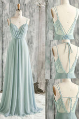 A-Line Chiffon Lace Long Prom Dresses, Green Spaghetti Strap Backless Evening Dresses