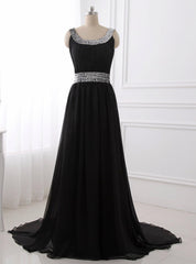 A Line Chiffon Scoop Neck Black Evening Dresses Pleat Sequined Waist