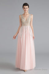 A Line Crystal Pink Split V Neck Backless Beaded Prom Dresses