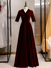 A-Line Dark Burgundy Short Sleeve V-neck Prom Dresses