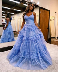 A-Line Deep V Neck Tiered Long Glitter Tulle Prom Dress