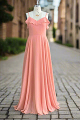 A-line Floor Length Spaghetti Straps Ruffles Long Bridesmaid Dresses