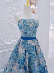 A-Line Flower Satin Blue Long Prom Dresses, Blue Long Formal Dresses