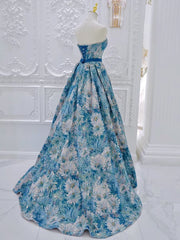 A-Line Flower Satin Blue Long Prom Dresses, Blue Long Formal Dresses