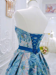 A-Line Flower Satin Blue Long Prom Dresses, Blue Long Formal Dresses