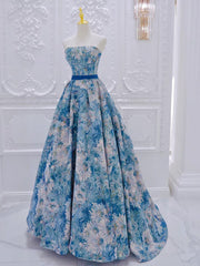 A-Line Flower Satin Blue Long Prom Dresses, Blue Long Formal Dresses