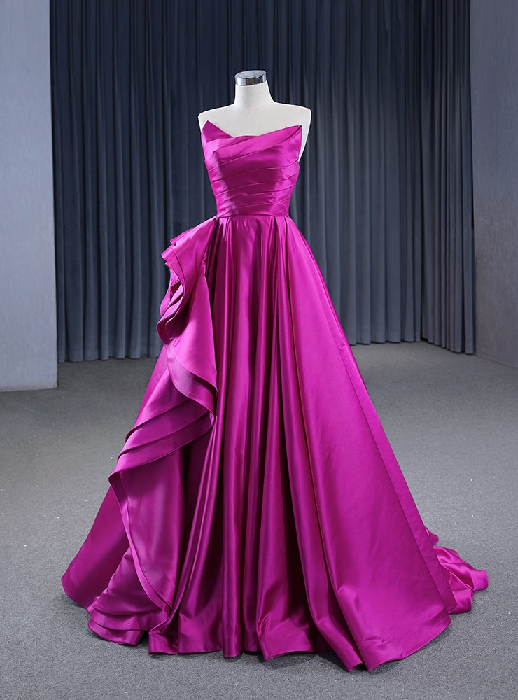 A-line Fuchsia Satin Strapless Pleats Prom Dress