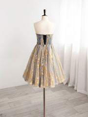 A-Line Gold/Blue Lace  Short Prom Dresses, Cute Homecoming Dresses with Beading