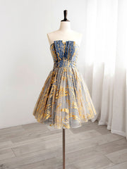 A-Line Gold/Blue Lace  Short Prom Dresses, Cute Homecoming Dresses with Beading