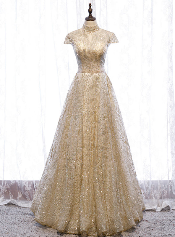 A-Line Gold Sequins High Neck Cap Sleeve Prom Dress