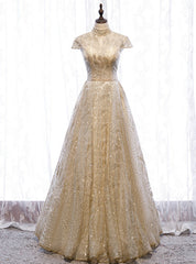 A-Line Gold Sequins High Neck Cap Sleeve Prom Dresses