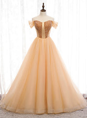 A-Line Gold Tulle Off the Shoulder Beading Prom Dresses