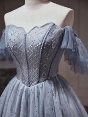 A-Line Gray Blue Tulle Short Prom Dresses. Cute Gray Blue Homecoming Dresses