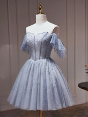 A-Line Gray Blue Tulle Short Prom Dresses. Cute Gray Blue Homecoming Dresses