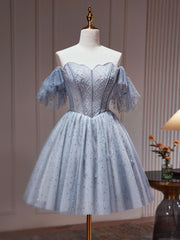 A-Line Gray Blue Tulle Short Prom Dresses. Cute Gray Blue Homecoming Dresses