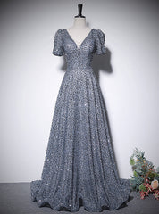 A-Line Gray Sequins V-neck Prom Dresses