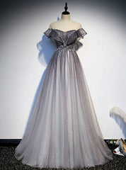 A-Line Gray Tulle Beading Cap Sleeve Prom Dresses