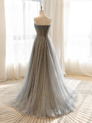 A-Line Gray Tulle Sequin Long Prom Dresses, Gray Long Formal Dresses