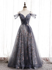 A-Line Gray Tulle Sequins Spaghetti Straps Prom Dresses