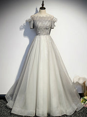 A-Line Gray Tulle Short Sleeve Beading Prom Dresses