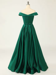 A-Line Green Off Shoulder Long Prom Dresses, Green Formal Evening Dresses