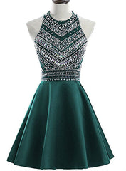 A-Line Green Satin Crystal Short Homecoming Dresses